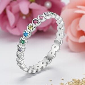 Rainbow Heart Ring S925 Sterling Silver Dainty Minimalist Bundle Offer Sz 7.5